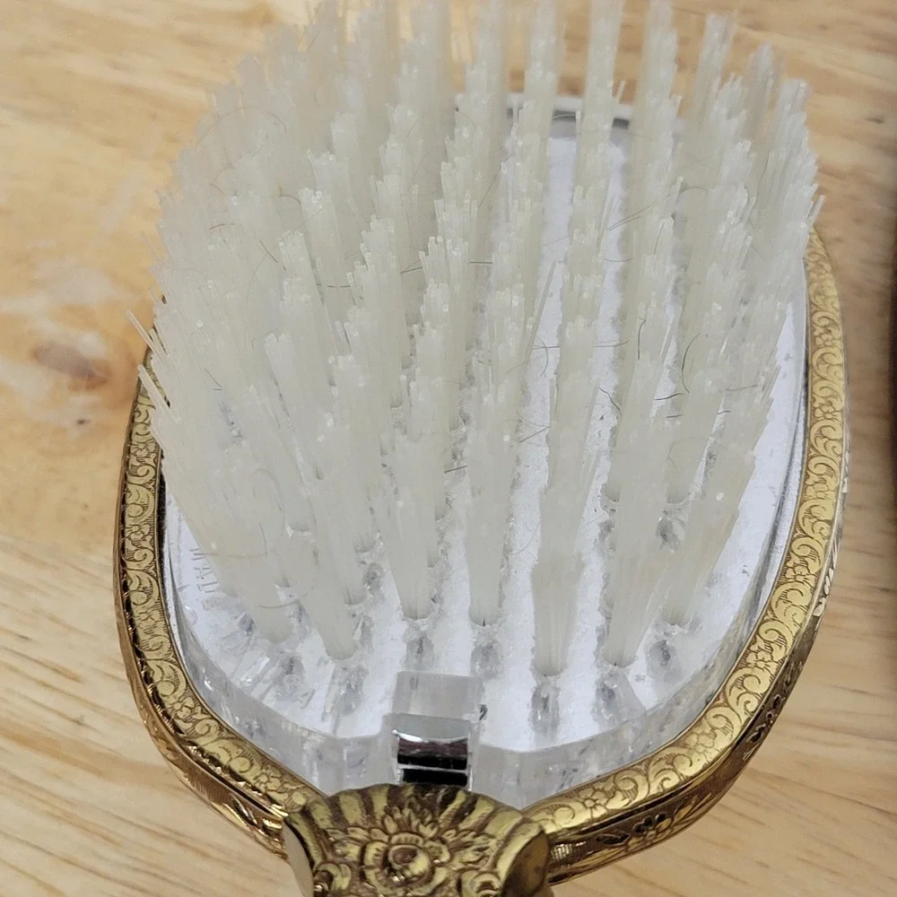 Hollywood Regency Antique Gold Gilt Mirror Brush Set Ornate Floral Mid Century‎